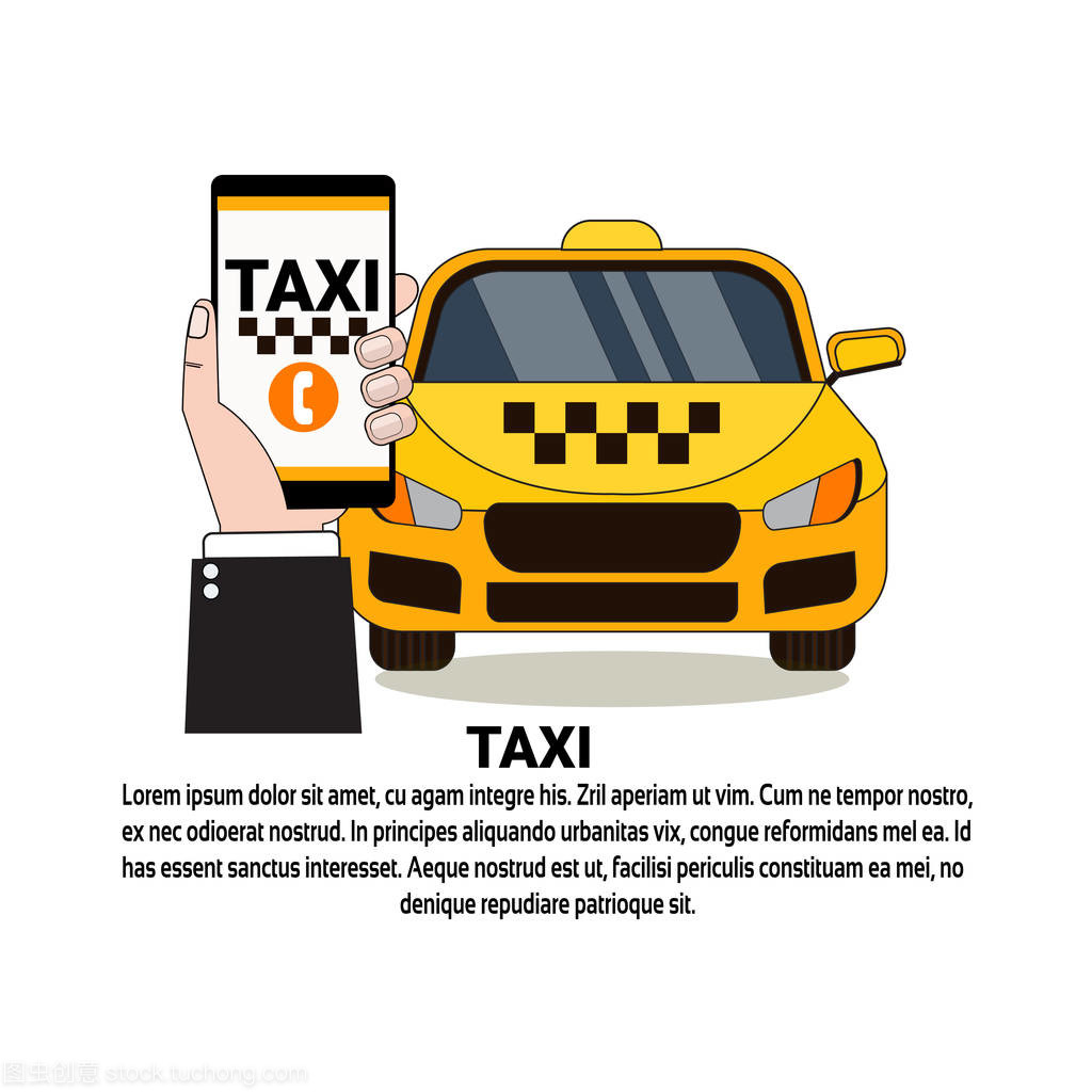 在线出租车服务手持智能手机的黄色出租车车