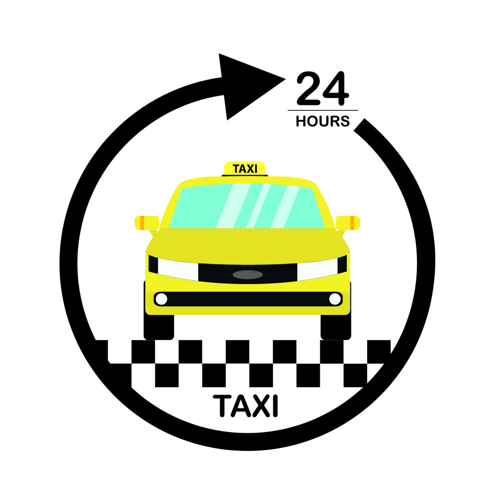 黄色汽车和出租车服务箭头和24小时文本卡通矢量图黄色汽车和出租车服务