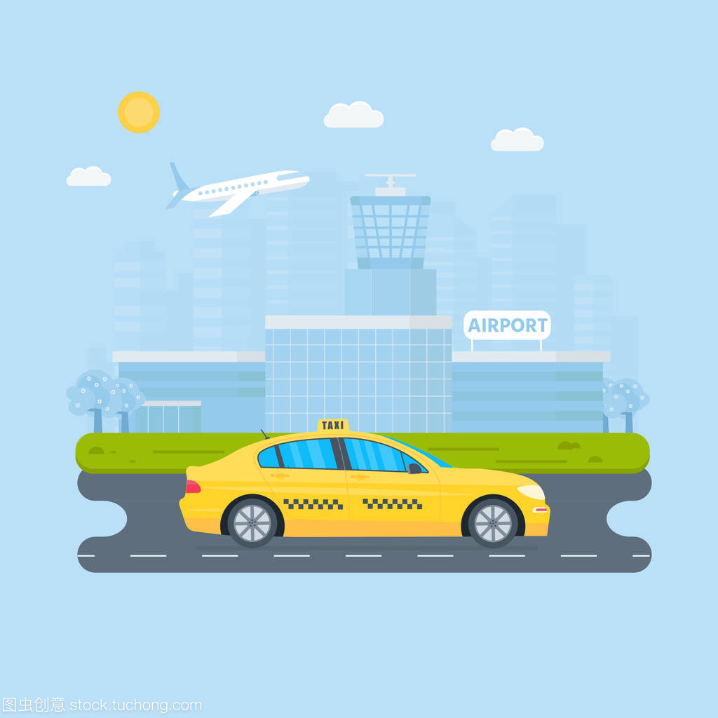 横幅与机器黄色出租汽车在城市。公共的士服务概念。城市景观, 机场背景。平面矢量图